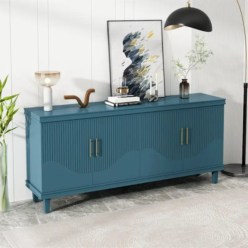 Wide Sideboard 4 Door Arched Fluted Panel Gold Handles Caster Wheels Adjustable Shelf MDF