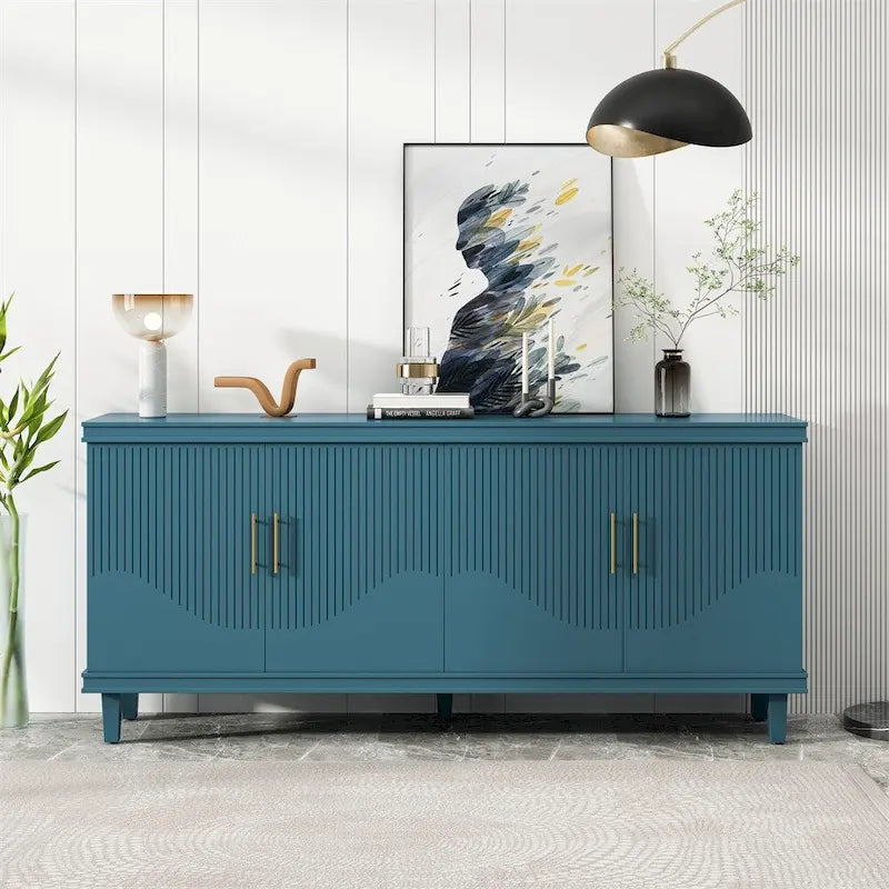 Wide Sideboard 4 Door Arched Fluted Panel Gold Handles Caster Wheels Adjustable Shelf MDF