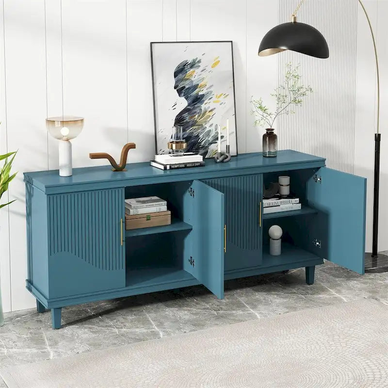 Wide Sideboard 4 Door Arched Fluted Panel Gold Handles Caster Wheels Adjustable Shelf MDF
