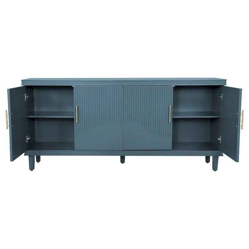 Wide Sideboard 4 Door Arched Fluted Panel Gold Handles Caster Wheels Adjustable Shelf MDF