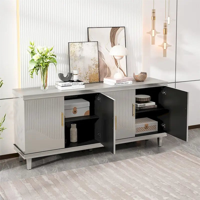 Wide Sideboard 4 Door Arched Fluted Panel Gold Handles Caster Wheels Adjustable Shelf MDF