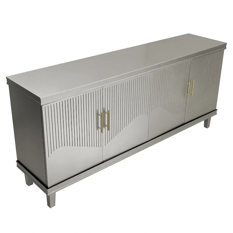 Wide Sideboard 4 Door Arched Fluted Panel Gold Handles Caster Wheels Adjustable Shelf MDF