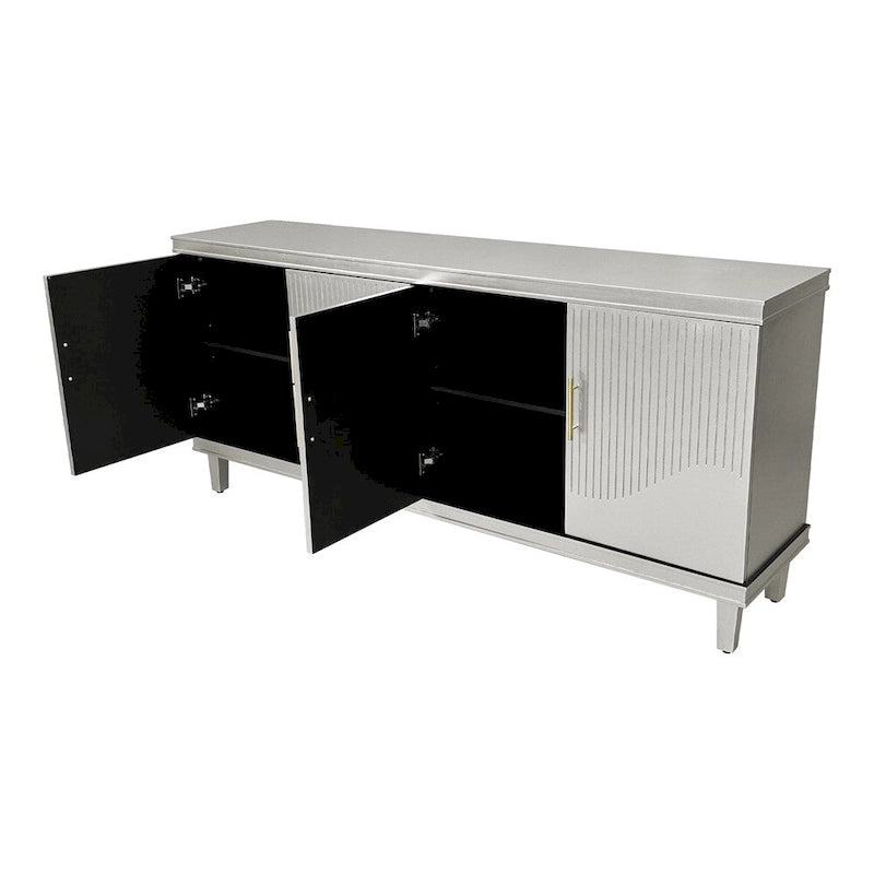 Wide Sideboard 4 Door Arched Fluted Panel Gold Handles Caster Wheels Adjustable Shelf MDF