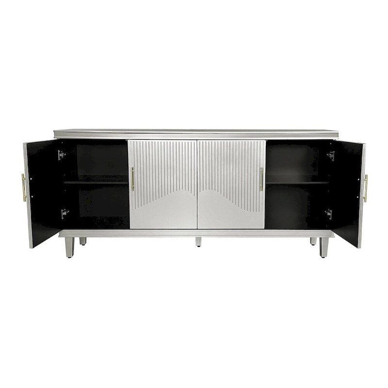 Wide Sideboard 4 Door Arched Fluted Panel Gold Handles Caster Wheels Adjustable Shelf MDF