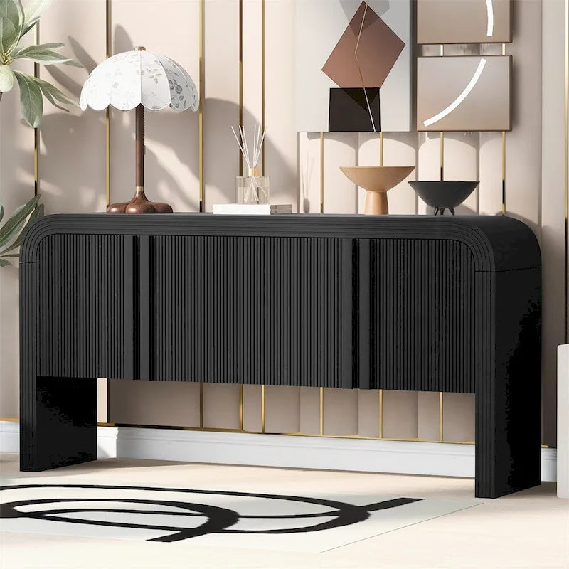 4 Door Sideboard Vertical Fluted Panel Push-Open Rounded Top MDF Pine Adjustable Shelf