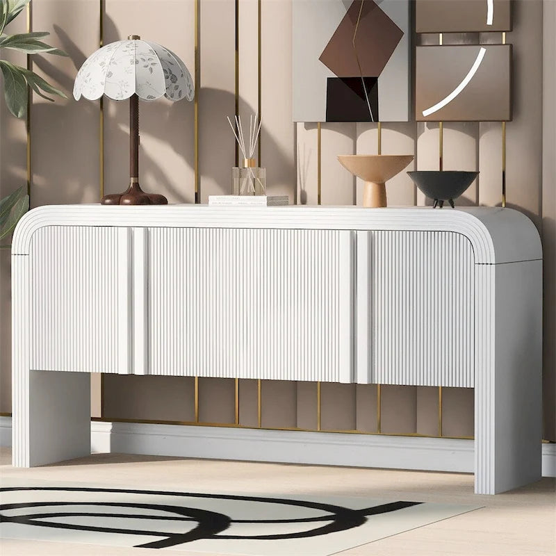 4 Door Sideboard Vertical Fluted Panel Push-Open Rounded Top MDF Pine Adjustable Shelf