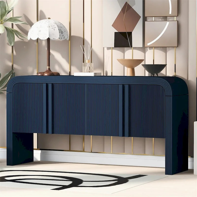 4 Door Sideboard Vertical Fluted Panel Push-Open Rounded Top MDF Pine Adjustable Shelf
