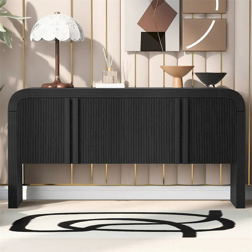 4 Door Sideboard Vertical Fluted Panel Push-Open Rounded Top MDF Pine Adjustable Shelf