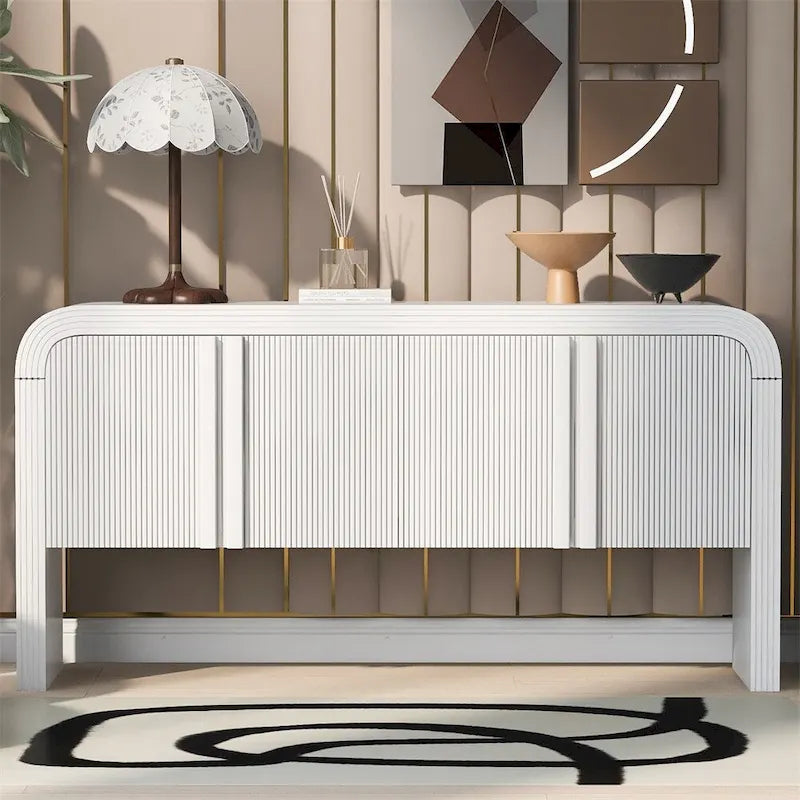 4 Door Sideboard Vertical Fluted Panel Push-Open Rounded Top MDF Pine Adjustable Shelf