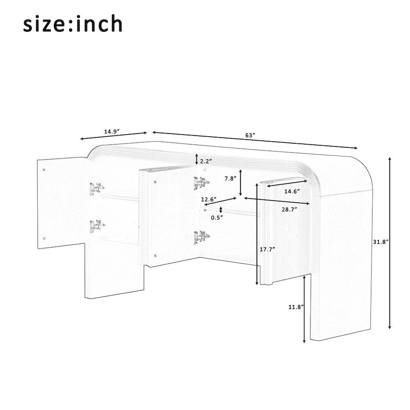 4 Door Sideboard Vertical Fluted Panel Push-Open Rounded Top MDF Pine Adjustable Shelf