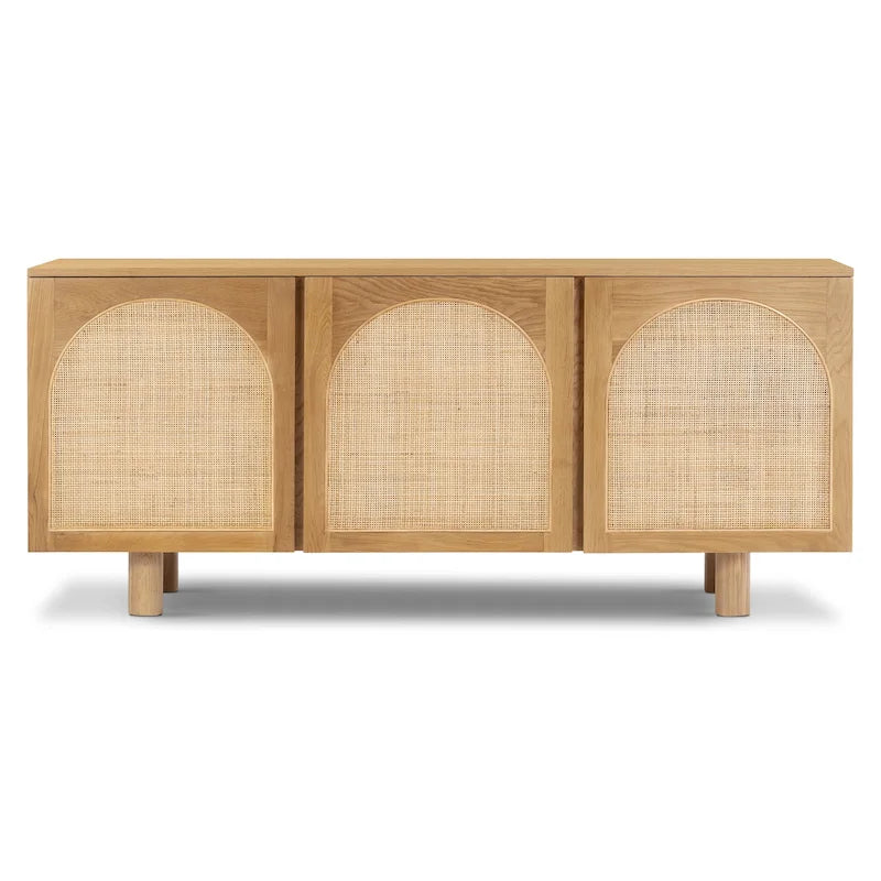 70 Inch Sideboard 3 Door Arched Cane Webbing Panel Solid White Oak Soft Close Cord Management