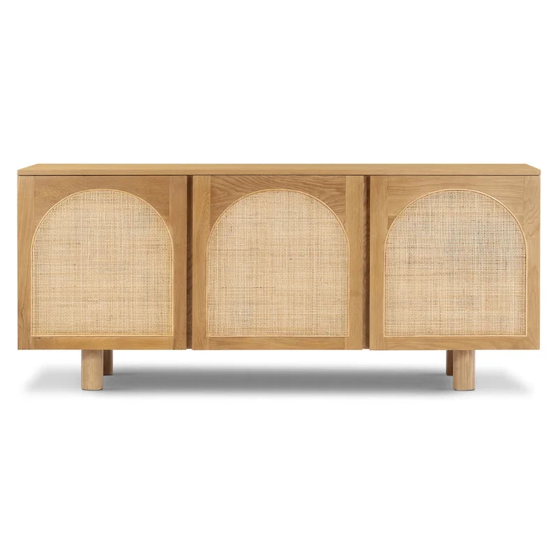 70 Inch Sideboard 3 Door Arched Cane Webbing Panel Solid White Oak Soft Close Cord Management