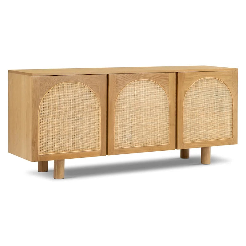 70 Inch Sideboard 3 Door Arched Cane Webbing Panel Solid White Oak Soft Close Cord Management