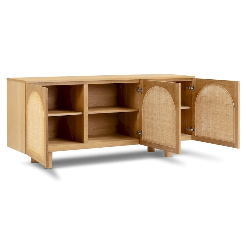 70 Inch Sideboard 3 Door Arched Cane Webbing Panel Solid White Oak Soft Close Cord Management