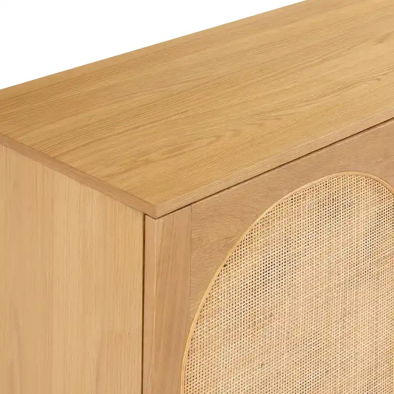 70 Inch Sideboard 3 Door Arched Cane Webbing Panel Solid White Oak Soft Close Cord Management