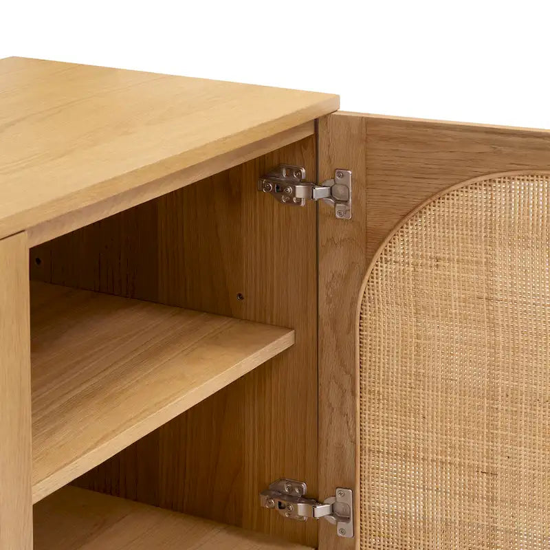 70 Inch Sideboard 3 Door Arched Cane Webbing Panel Solid White Oak Soft Close Cord Management