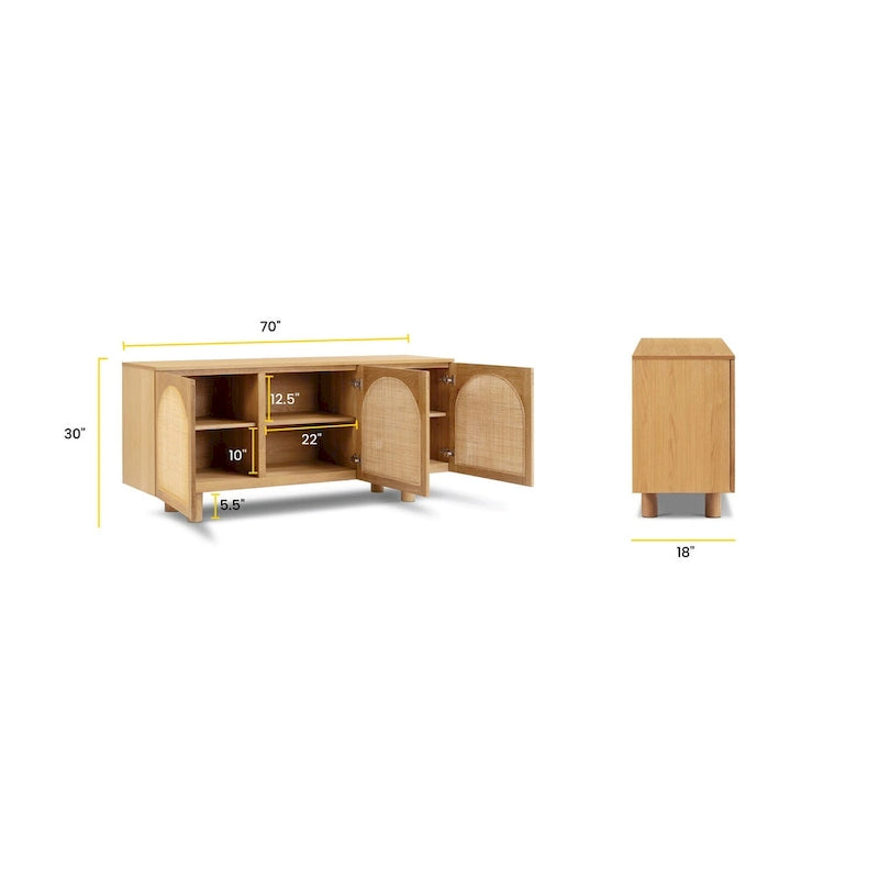 70 Inch Sideboard 3 Door Arched Cane Webbing Panel Solid White Oak Soft Close Cord Management