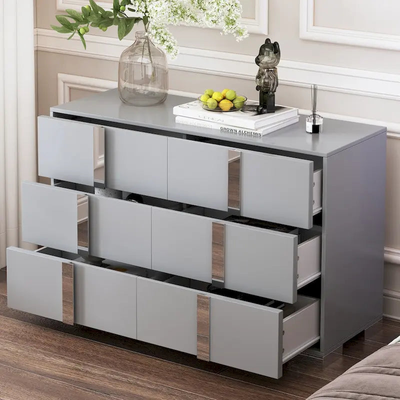 Modern 6 Drawer Wide Dresser Recessed Metal Pulls Black Base MDF Anti-Tip Bedroom