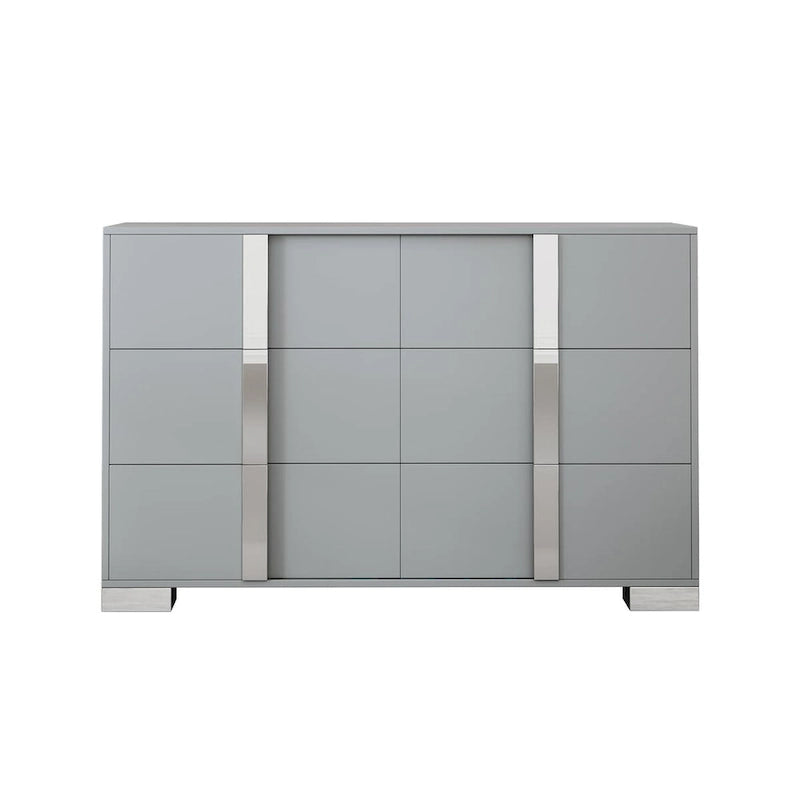Modern 6 Drawer Wide Dresser Recessed Metal Pulls Black Base MDF Anti-Tip Bedroom