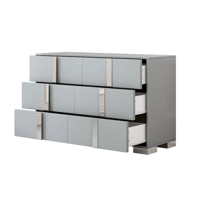 Modern 6 Drawer Wide Dresser Recessed Metal Pulls Black Base MDF Anti-Tip Bedroom