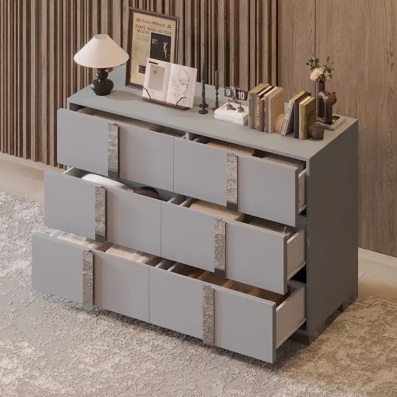 Modern 6 Drawer Wide Dresser Recessed Metal Pulls Black Base MDF Anti-Tip Bedroom