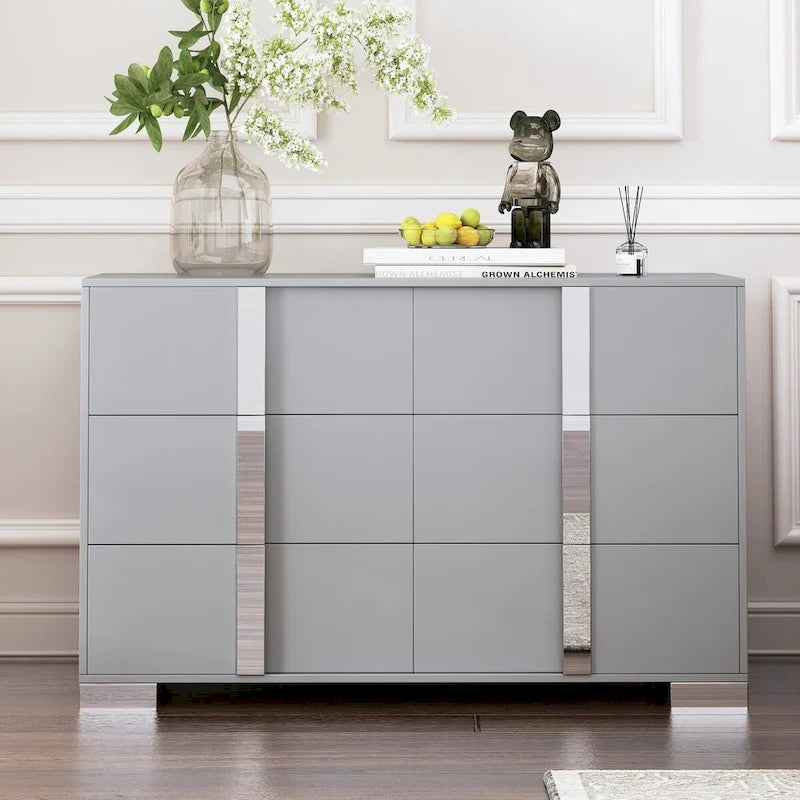 Modern 6 Drawer Wide Dresser Recessed Metal Pulls Black Base MDF Anti-Tip Bedroom