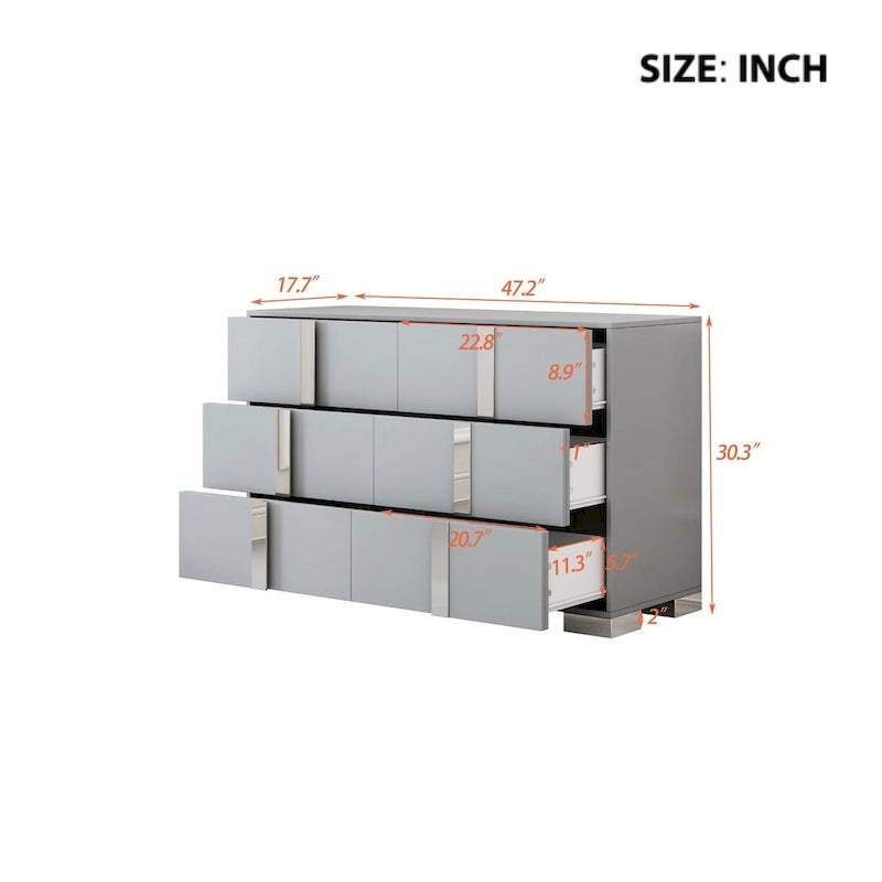 Modern 6 Drawer Wide Dresser Recessed Metal Pulls Black Base MDF Anti-Tip Bedroom
