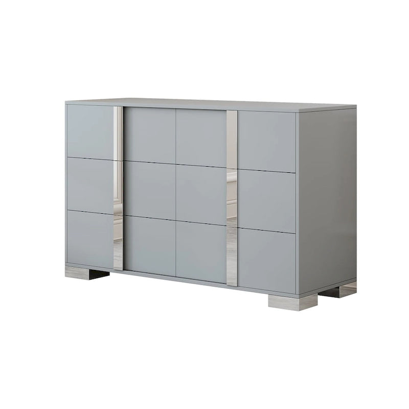 Modern 6 Drawer Wide Dresser Recessed Metal Pulls Black Base MDF Anti-Tip Bedroom