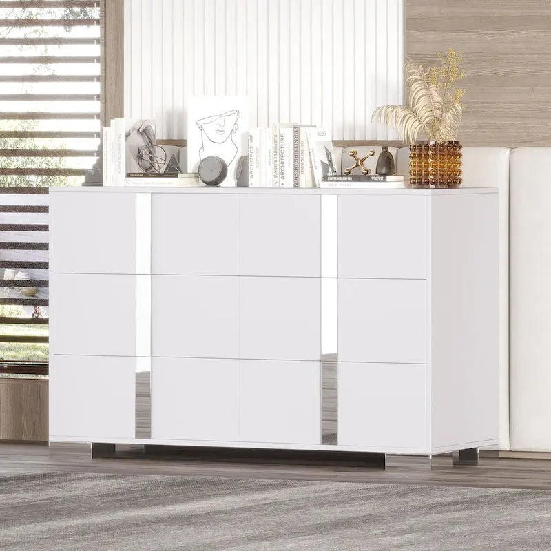 Modern 6 Drawer Wide Dresser Recessed Metal Pulls Black Base MDF Anti-Tip Bedroom