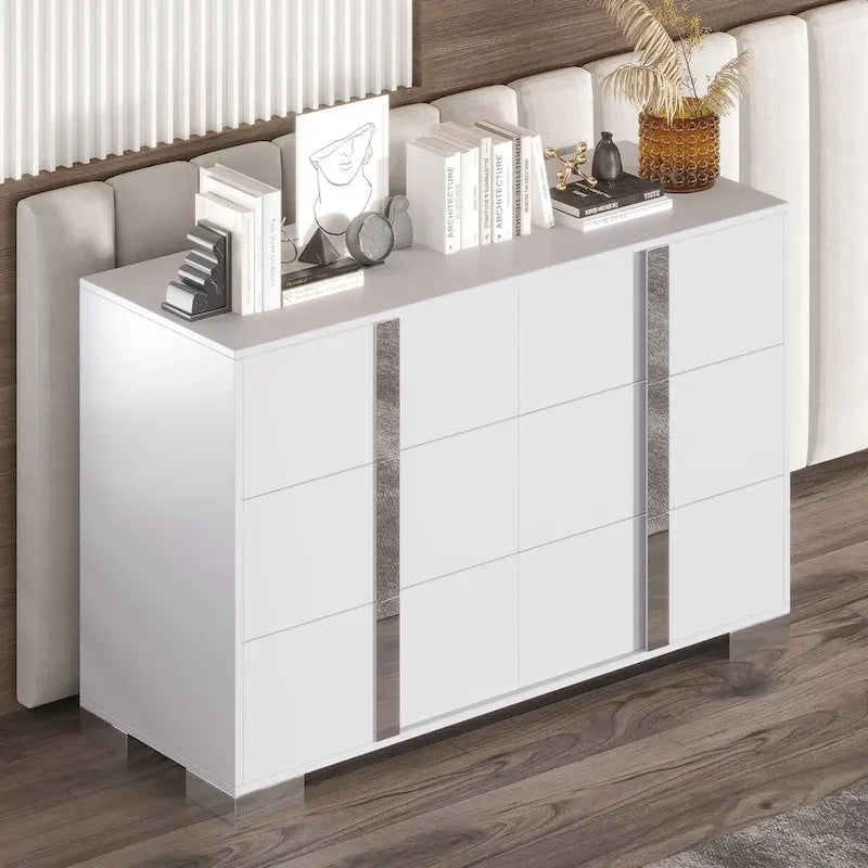Modern 6 Drawer Wide Dresser Recessed Metal Pulls Black Base MDF Anti-Tip Bedroom