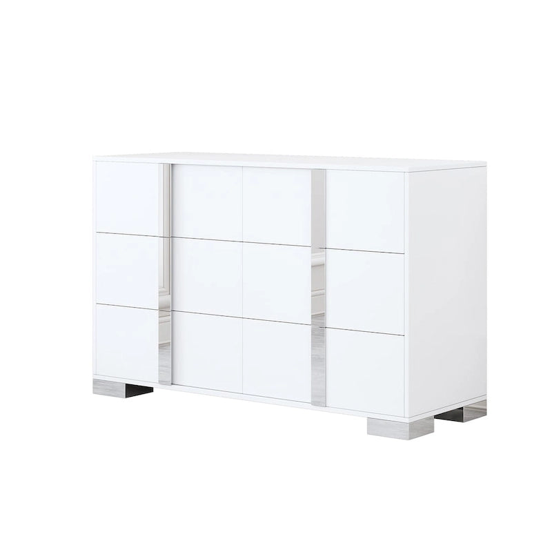 Modern 6 Drawer Wide Dresser Recessed Metal Pulls Black Base MDF Anti-Tip Bedroom