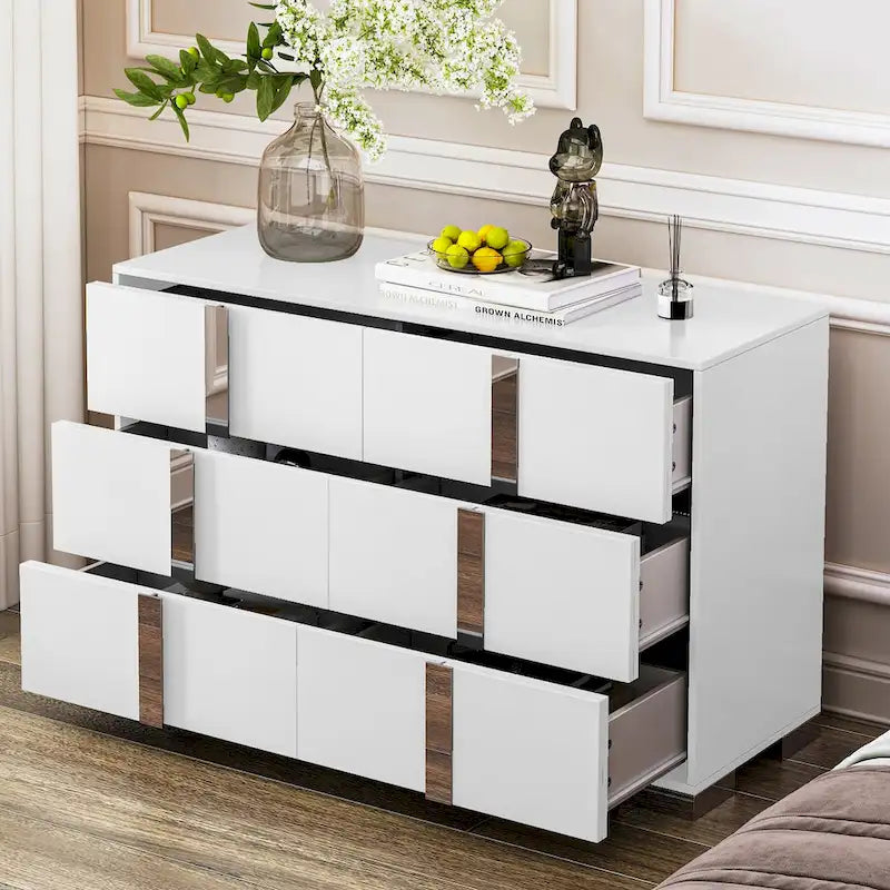 Modern 6 Drawer Wide Dresser Recessed Metal Pulls Black Base MDF Anti-Tip Bedroom