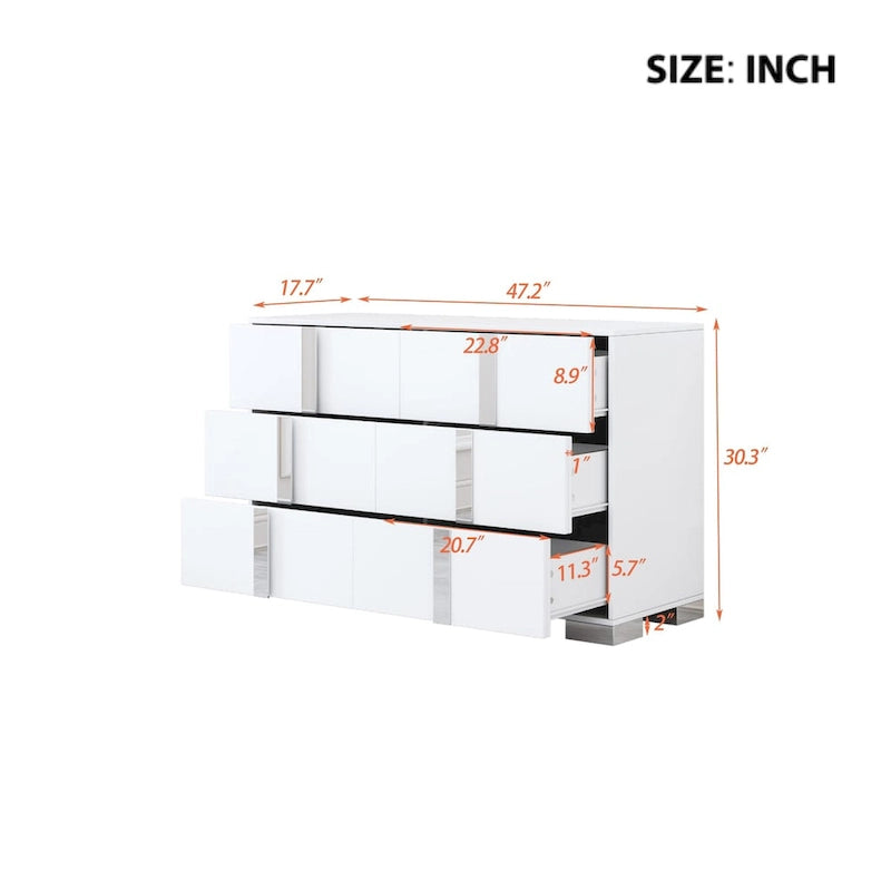 Modern 6 Drawer Wide Dresser Recessed Metal Pulls Black Base MDF Anti-Tip Bedroom