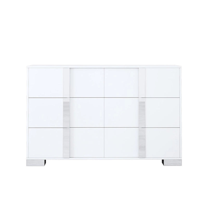 Modern 6 Drawer Wide Dresser Recessed Metal Pulls Black Base MDF Anti-Tip Bedroom