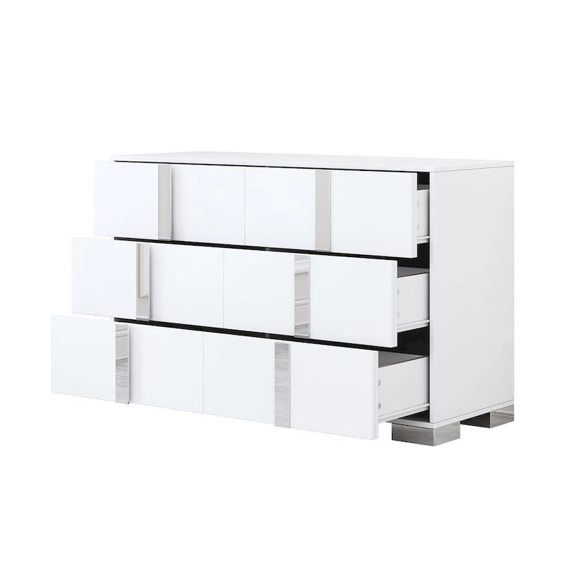 Modern 6 Drawer Wide Dresser Recessed Metal Pulls Black Base MDF Anti-Tip Bedroom