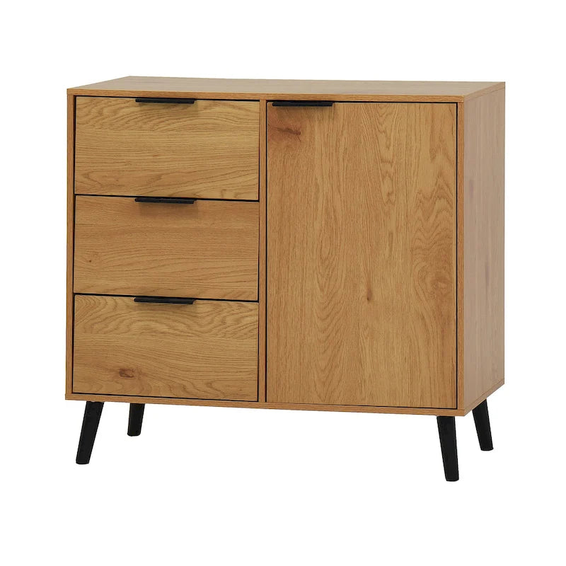 Mid-Century Sideboard 3 Drawers 1 Door Adjustable Shelf Tapered Legs Anti-Tip Particle Board