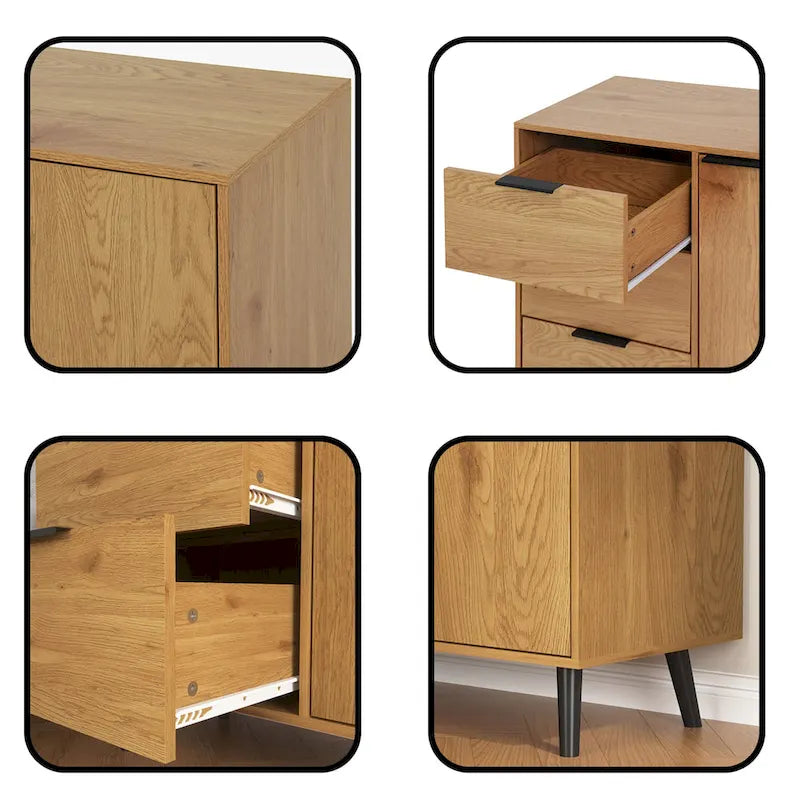 Mid-Century Sideboard 3 Drawers 1 Door Adjustable Shelf Tapered Legs Anti-Tip Particle Board