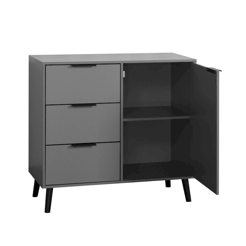 Mid-Century Sideboard 3 Drawers 1 Door Adjustable Shelf Tapered Legs Anti-Tip Particle Board