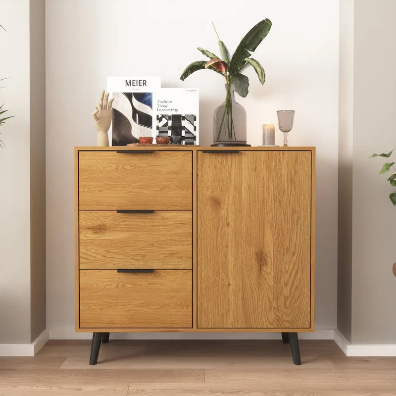 Mid-Century Sideboard 3 Drawers 1 Door Adjustable Shelf Tapered Legs Anti-Tip Particle Board