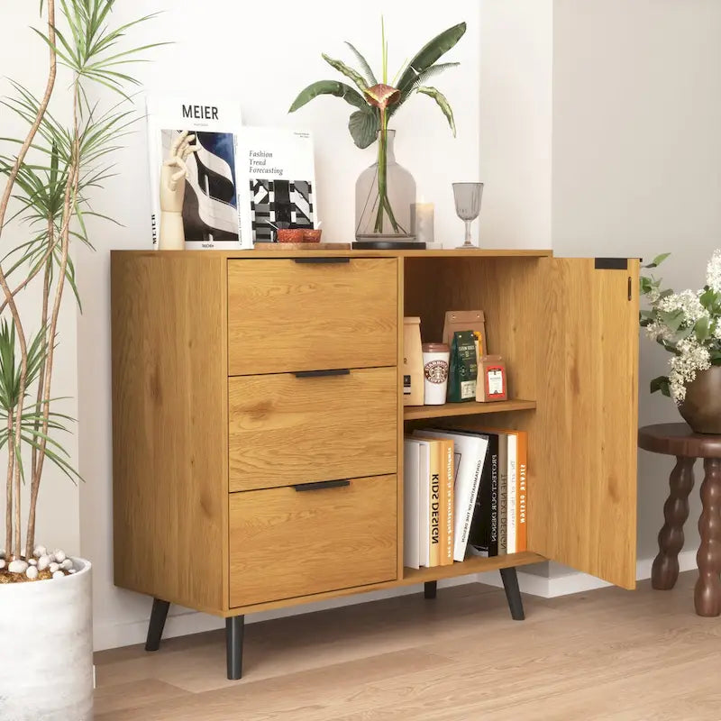 Mid-Century Sideboard 3 Drawers 1 Door Adjustable Shelf Tapered Legs Anti-Tip Particle Board