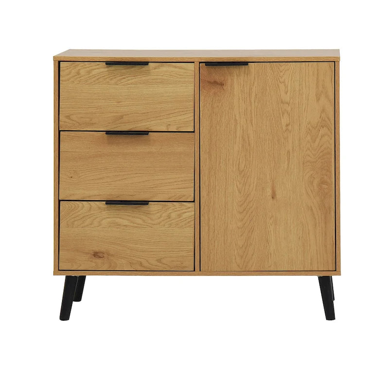 Mid-Century Sideboard 3 Drawers 1 Door Adjustable Shelf Tapered Legs Anti-Tip Particle Board