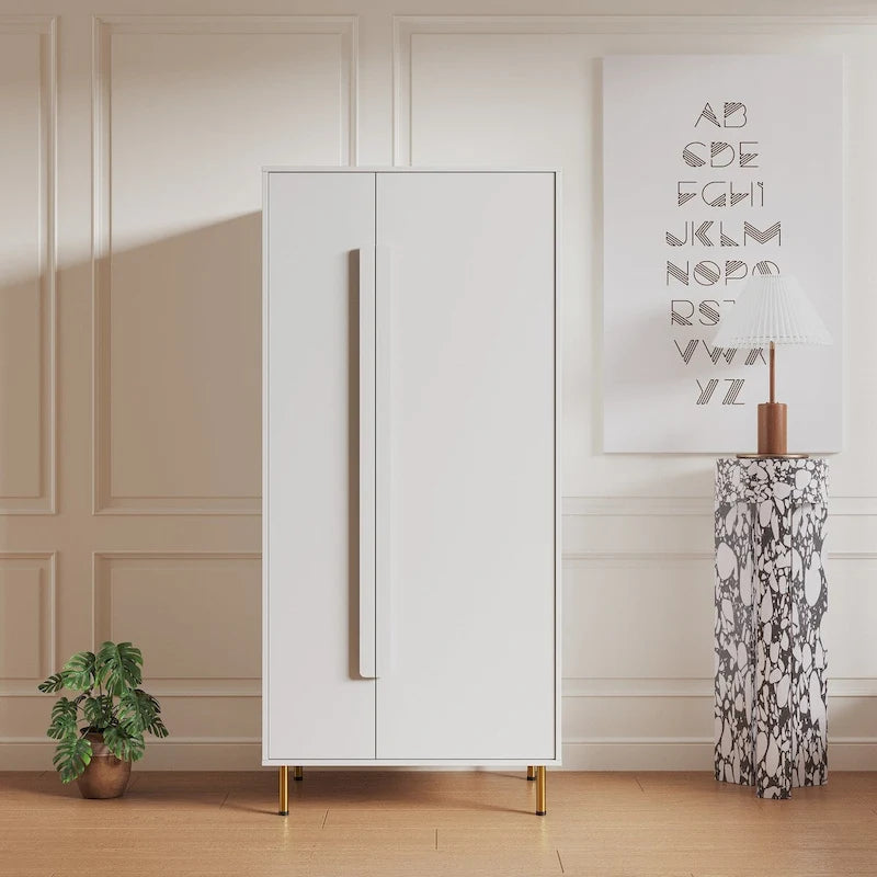 White 2 Door Tall Storage Cabinet Gold Legs Long Handles Modern Minimalist Armoire