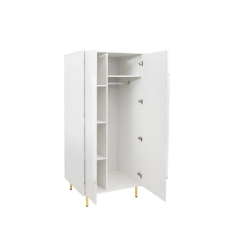 White 2 Door Tall Storage Cabinet Gold Legs Long Handles Modern Minimalist Armoire