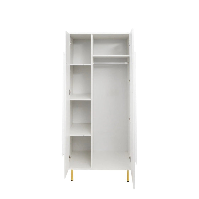 White 2 Door Tall Storage Cabinet Gold Legs Long Handles Modern Minimalist Armoire