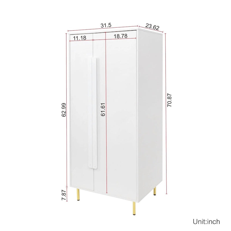 White 2 Door Tall Storage Cabinet Gold Legs Long Handles Modern Minimalist Armoire
