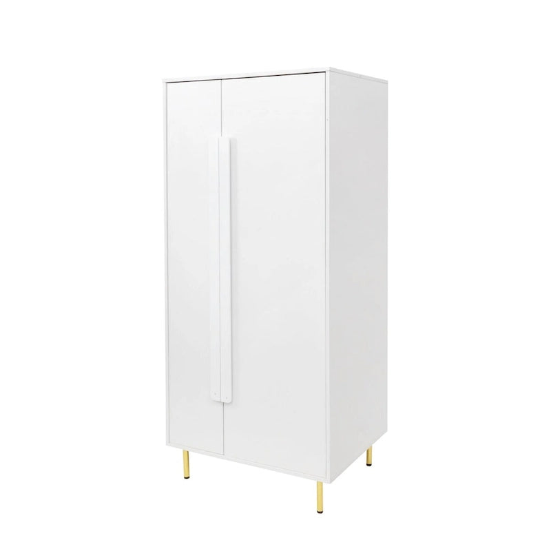 White 2 Door Tall Storage Cabinet Gold Legs Long Handles Modern Minimalist Armoire