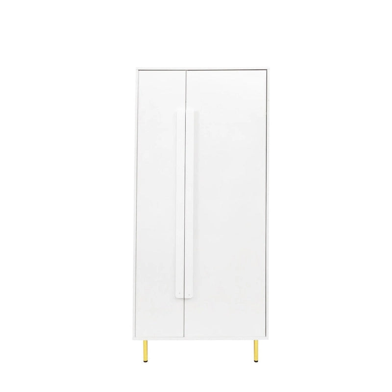 White 2 Door Tall Storage Cabinet Gold Legs Long Handles Modern Minimalist Armoire
