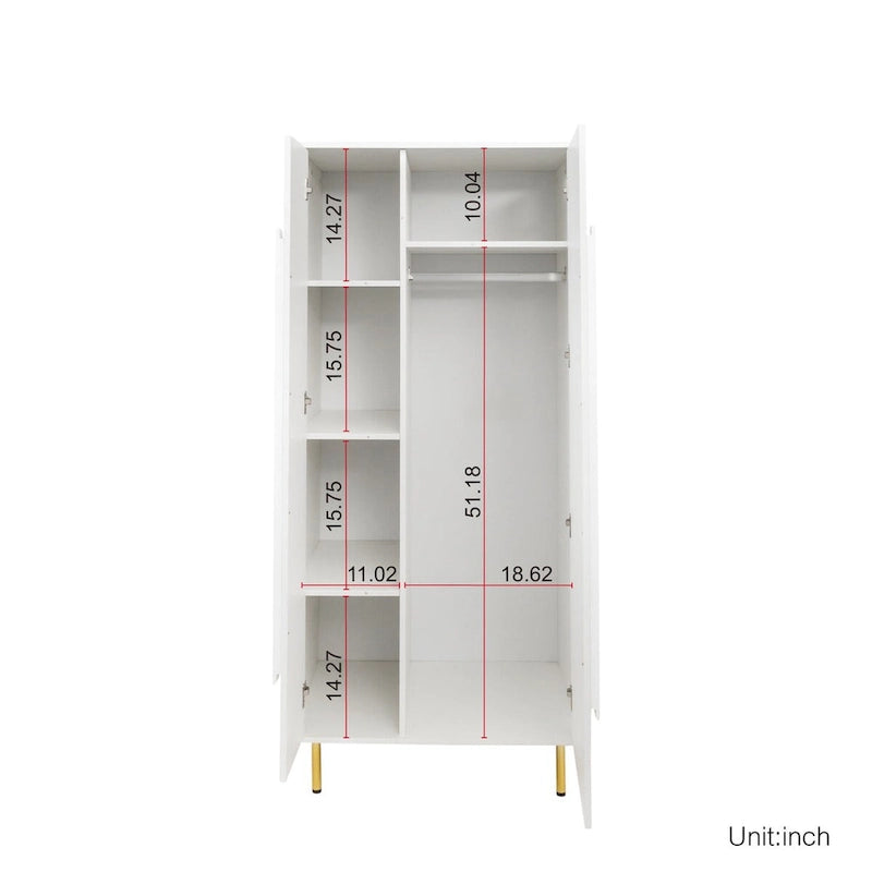 White 2 Door Tall Storage Cabinet Gold Legs Long Handles Modern Minimalist Armoire