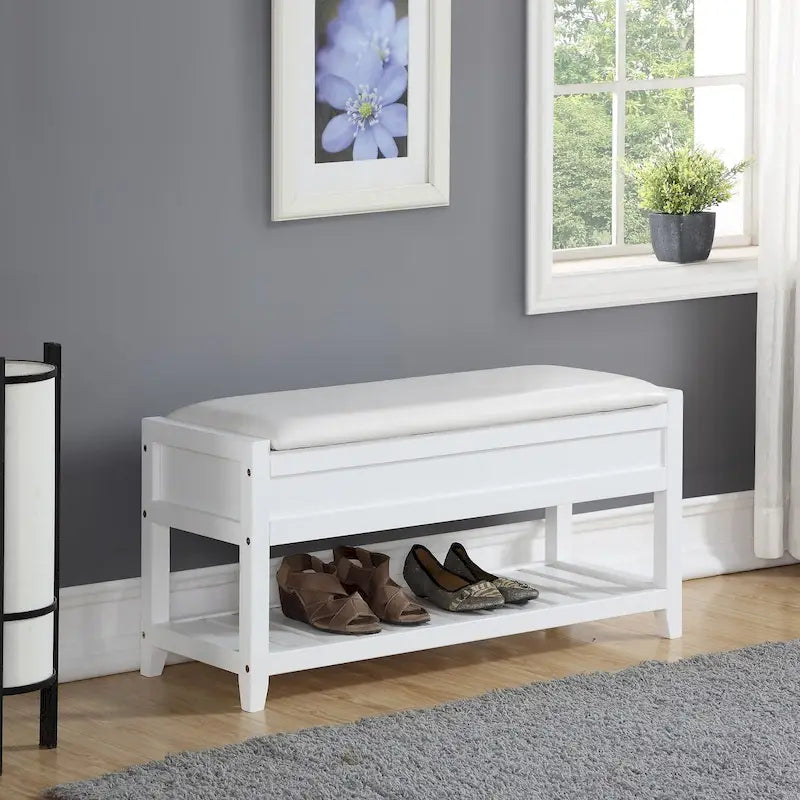 White Wood Storage Bench Faux Leather Cushion Lift Top Hidden Slatted Shoe Shelf