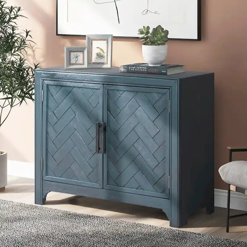 Accent Cabinet 2 Door Herringbone Carved Panel Distressed Antique Blue Adjustable Shelf MDF